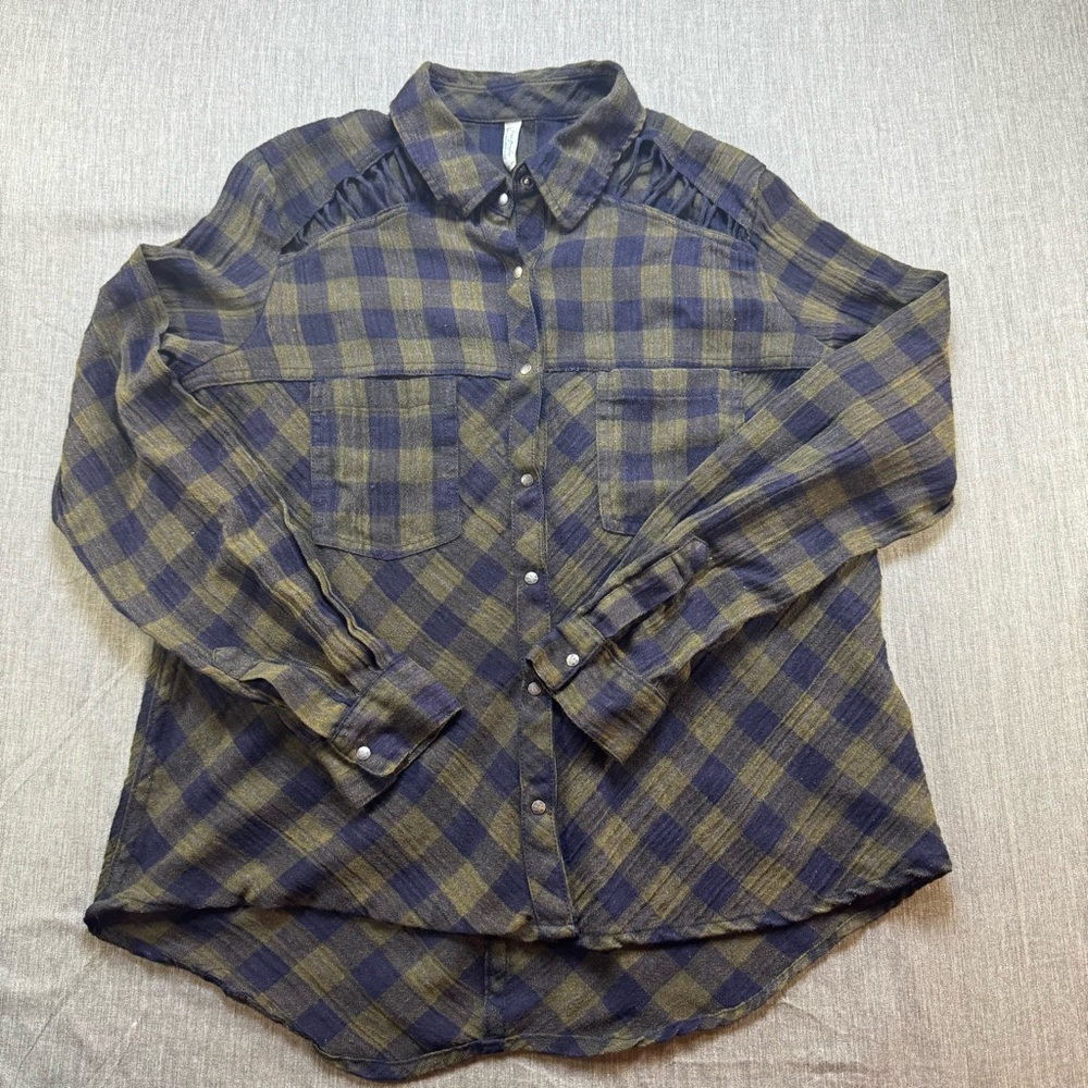 Free People Women’s Top Sz XS Green Navy Plaid Button Up Flannel Lace Up Collar